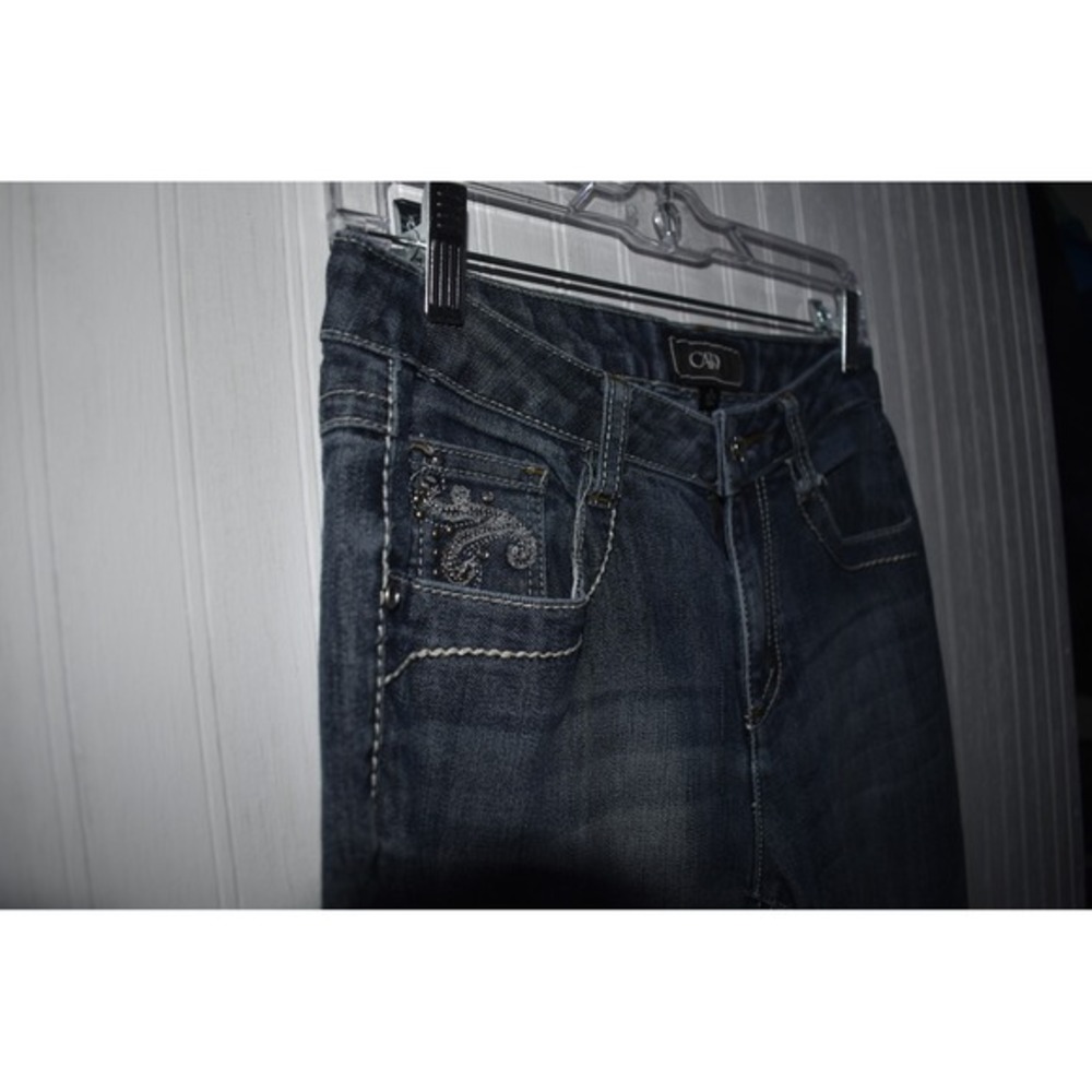 Denim Bootcut Jeans Embellished Pockets Ripped Distressed Dark Wash Size 6 - Picture 2 of 6